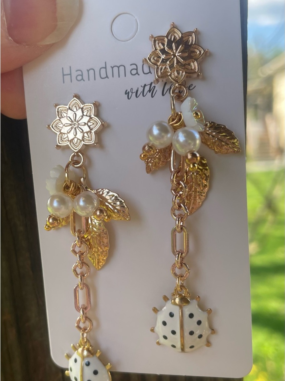 Gold Floral Pearl Drop Earrings with White Polka Dot Ladybug - Picture 7 of 11